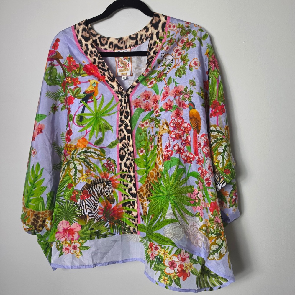 Johnny Was Top Silk Tropical Safari Animal Print Boho Size S/M
